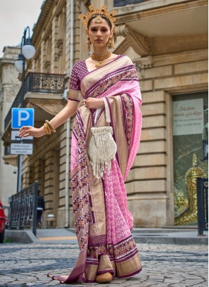 Silk Patola Print Pink Contemporary Saree