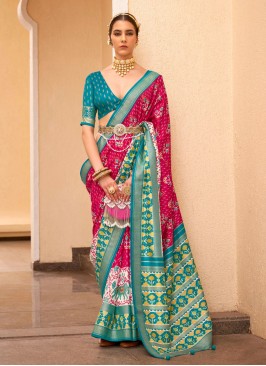 Silk Patola Print Silk Saree in Rani