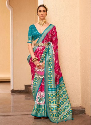 Silk Patola Print Silk Saree in Rani