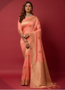 Silk Peach Woven Trendy Saree