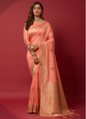 Silk Peach Woven Trendy Saree