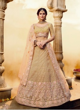 Silk Pearls A Line Lehenga Choli in Gold