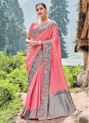 Silk Pink Embroidered Classic Saree