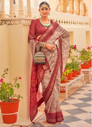 Silk Printed Trendy Saree in Maroon