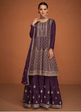 Silk Purple Embroidered Palazzo Salwar Suit