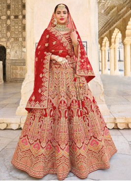 Silk Red Embroidered A Line Lehenga Choli