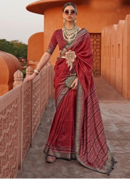 Silk Red Print Trendy Saree