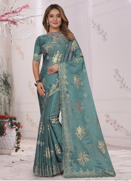 Silk Resham Aqua Blue Contemporary Saree