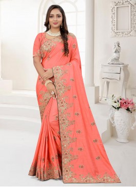 Silk Resham Contemporary Style Saree in Peach