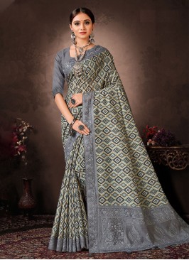 Silk Saree Stone Work Chanderi Silk in Grey