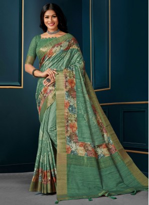 Silk Sea Green Digital Print Designer Saree