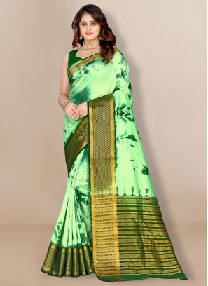 Silk Sea Green Printed Contemporary Saree