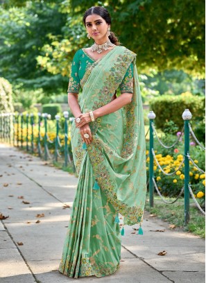 Silk Sequins Contemporary Style Saree in Sea Green