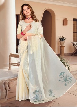 Silk Stone Work Contemporary Style Saree in Off Wh