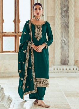 Silk Straight Salwar Suit in Green