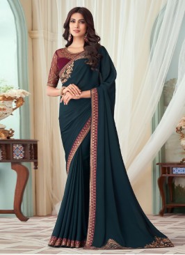 Silk Teal Border Contemporary Saree