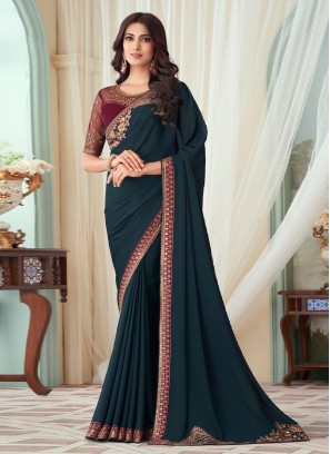 Silk Teal Border Contemporary Saree
