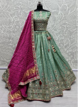 Silk Thread Work Trendy Lehenga Choli in Green