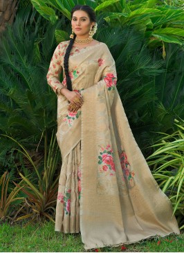 Silk Weaving Beige Traditional Designer Saree
