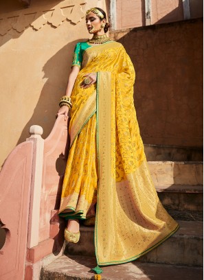 Silk Weaving Yellow Classic Designer Saree