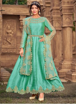 Silk Woven Anarkali Salwar Suit in Sea Green