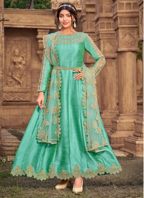 Silk Woven Anarkali Salwar Suit in Sea Green