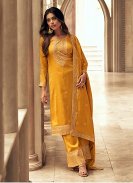 Silk Yellow Embroidered Trendy Salwar Suit