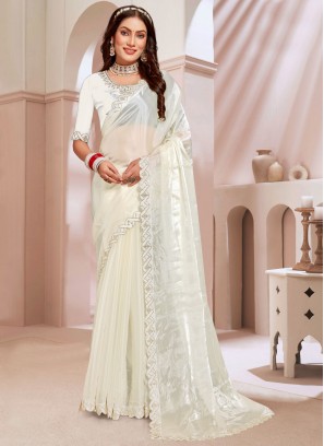 Silk Zircon Contemporary Saree in White