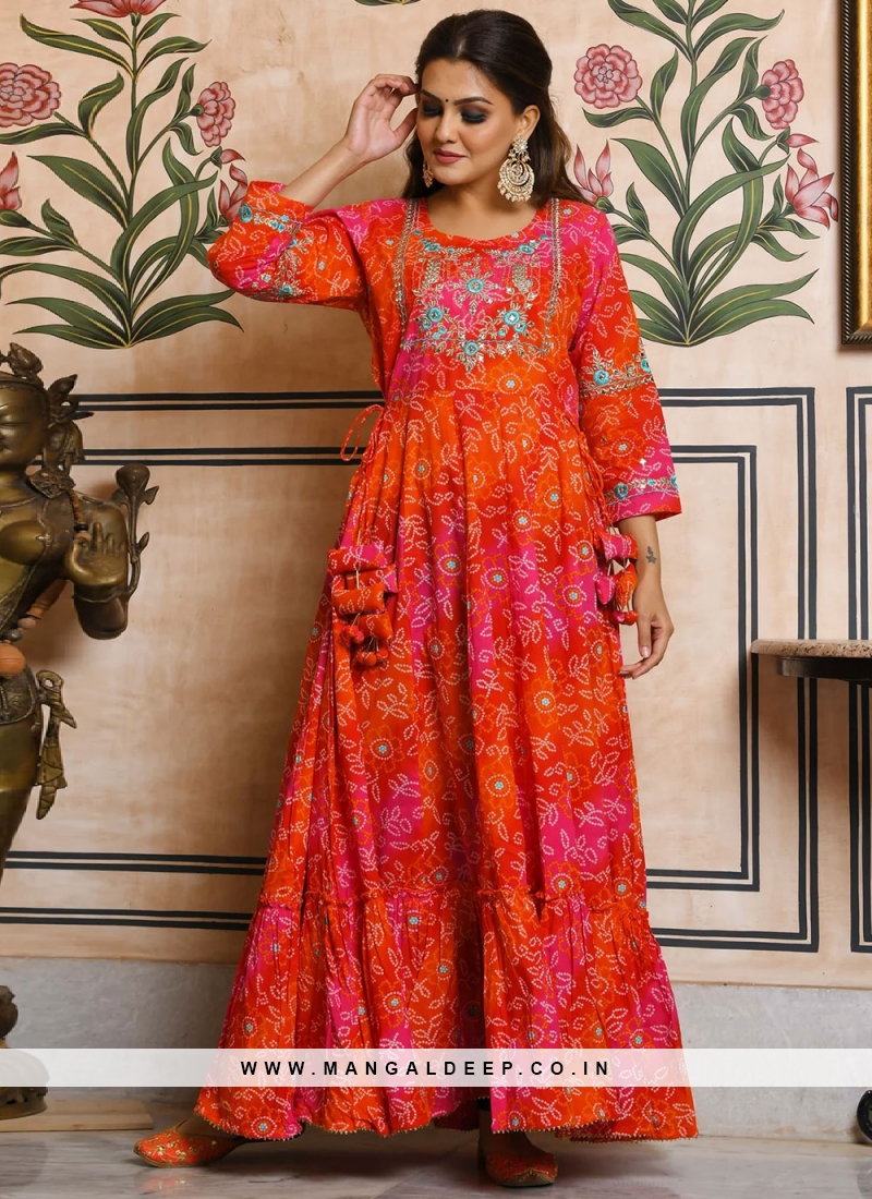 Buy Orange Modal Cotton Embroidery Thread And Gota Patti Round Cowl Gown  For Women by Aaryaa By Kashveen Kohli Online at Aza Fashions.