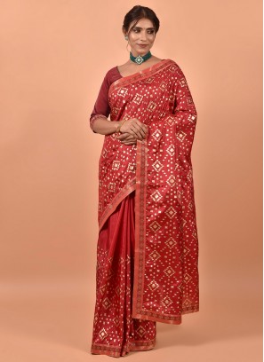 Simplistic Red Foil Print Poly Silk Trendy Saree
