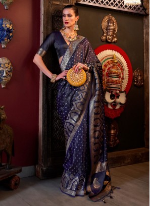 Simplistic Satin Silk Navy Blue Weaving Classic Saree