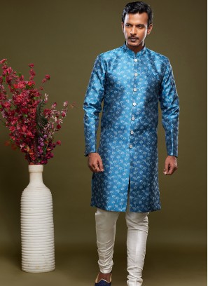 Blue Banarasi Jacquard Indo Western Ensemble