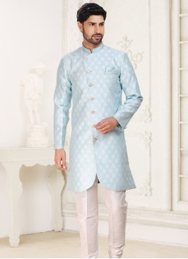 Sky Blue Banarasi Jacquard Indo Western Ensemble with Off White Aligadhi Pant.