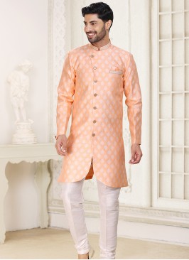 Peach Banarasi Jacquard Indo Western Ensemble with Off White Aligadhi Pant.