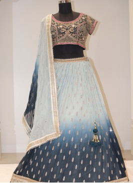 Sky Blue&Rama Bliss: Georgette Lehenga Choli with Handwork Embellishments