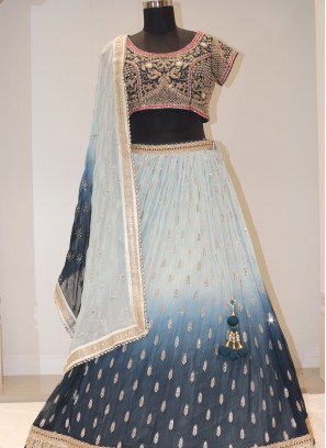 Sky Blue&Rama Bliss: Georgette Lehenga Choli with Handwork Embellishments