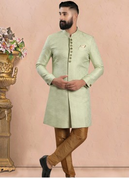 Sea Green & Chiku Fusion Elegance: Men's Indo-Western Ensemble.