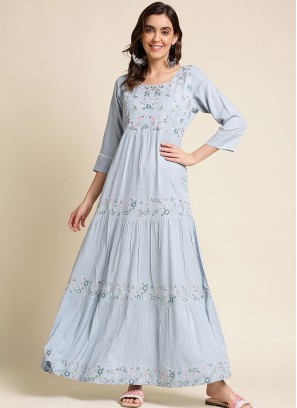 Sky Blue Chinon Floral Embroidered Dress.