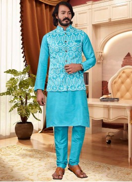 Sky Blue Color Art Silk Mens Kurta Jacket Set