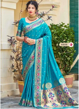 Sky Blue Color Banarasi Silk Saree