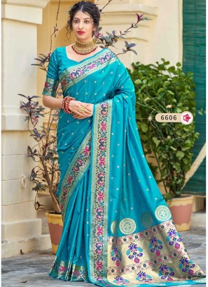 Sky Blue Color Banarasi Silk Saree