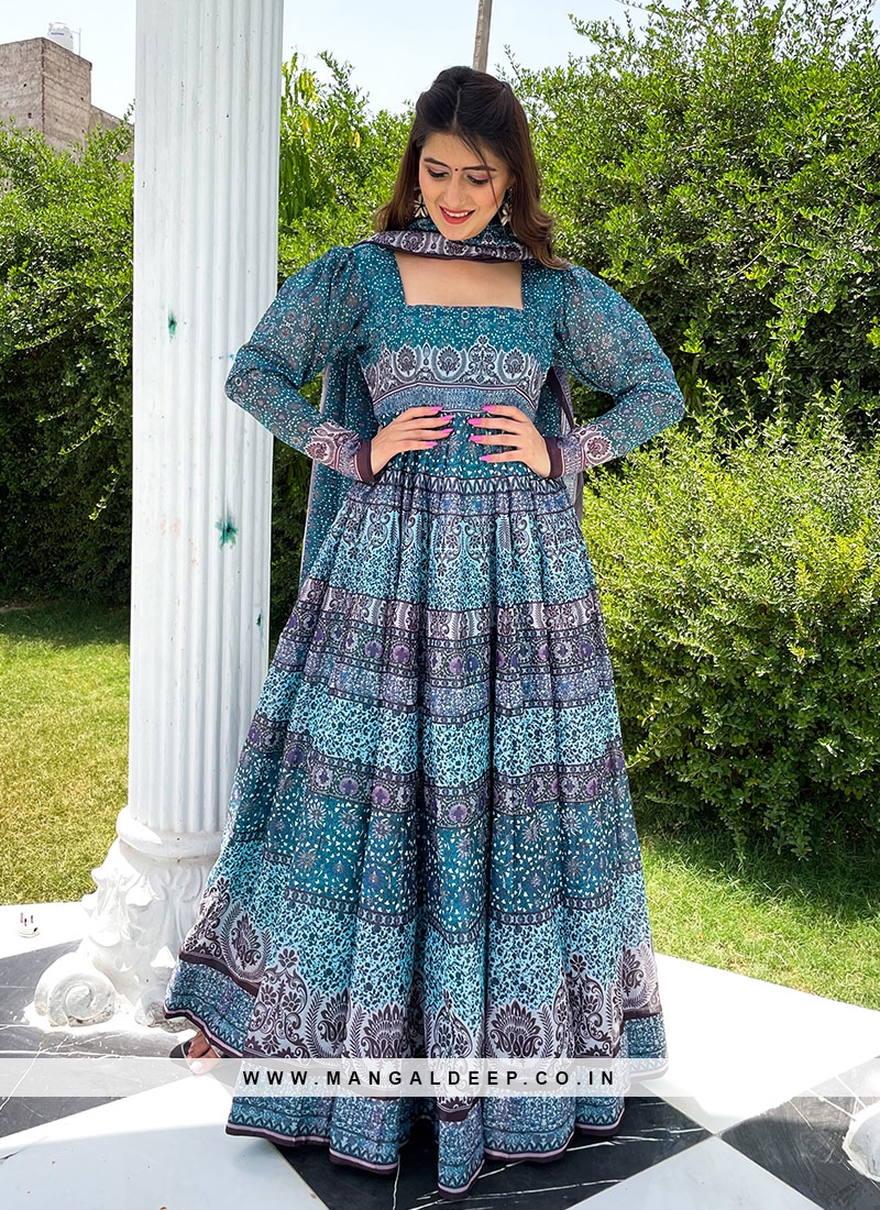 Sky blue heavy taffeta silk thread embroidered mirror work gown |  Combination dresses, Blue dress outfits, Long anarkali gown