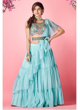 Sky Blue Color Chiffon Thread Work Lehenga