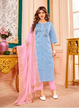 Sky Blue Color Cotton Hand Work Readymade Suit