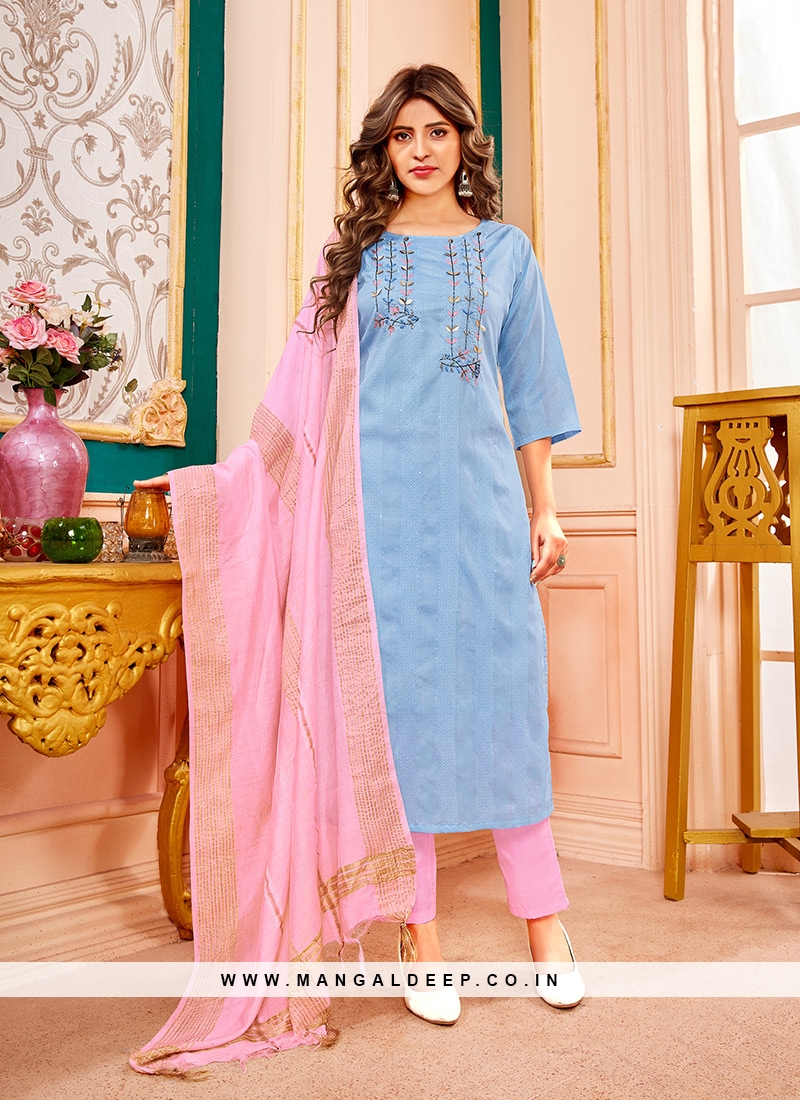 Blue Color Suit Set With Off White Embroidered Dupatta – Nirbani