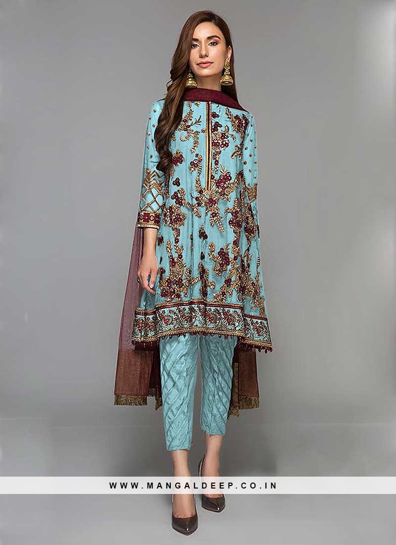 Sky Blue Color Georgette Embroidered Pakistani Suit