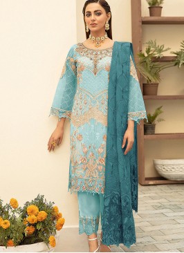 Sky Blue Color Georgette Heavy Multy Thred Semi Stitched Suits