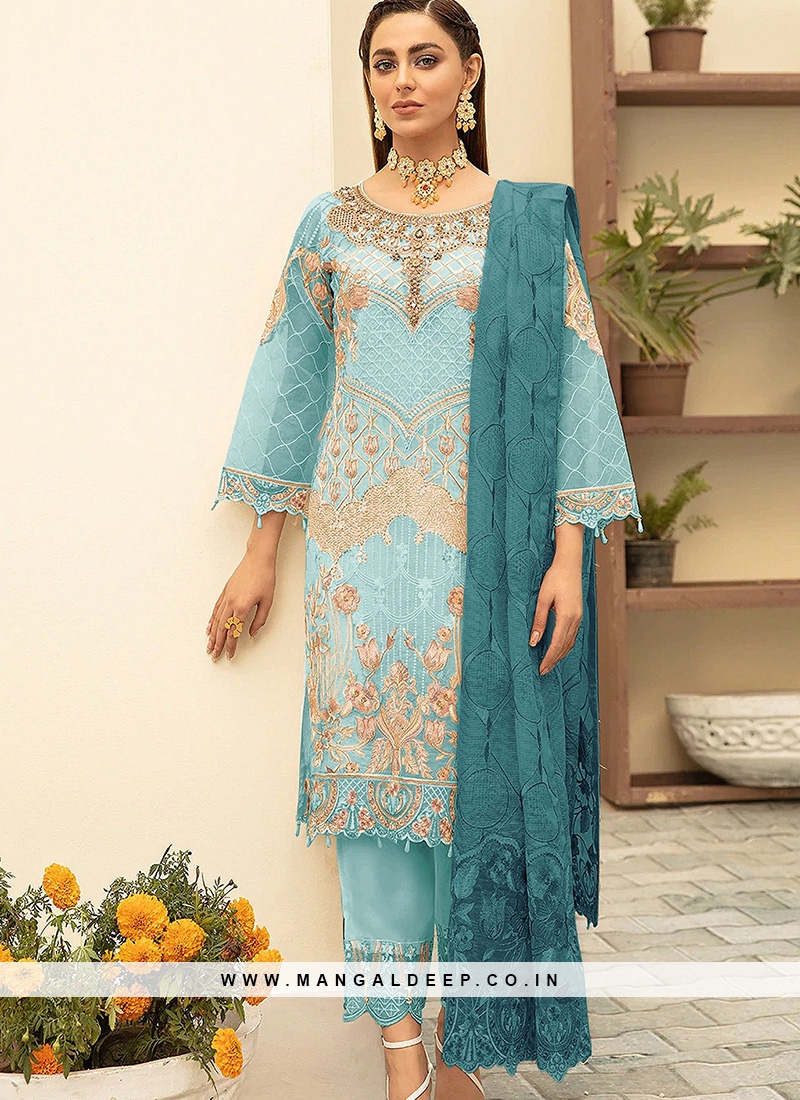 Sky Blue Color Georgette Heavy Multy Thred Semi Stitched Suits