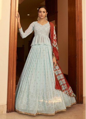 Sky Blue Color Georgette Peplum Style Lehenga