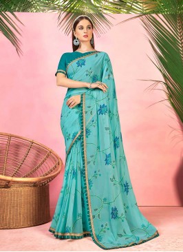 Sky Blue Color Georgette Printed Saree